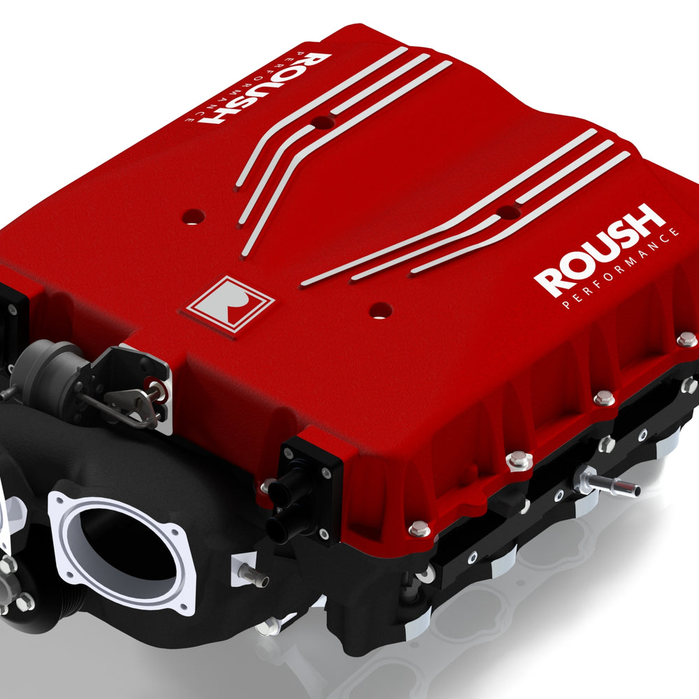 
                  
                    A red Roush Performance vehicle part with intricate detailing and labeled text, designed specifically for the 810 Horsepower Roush Mustang.
                  
                