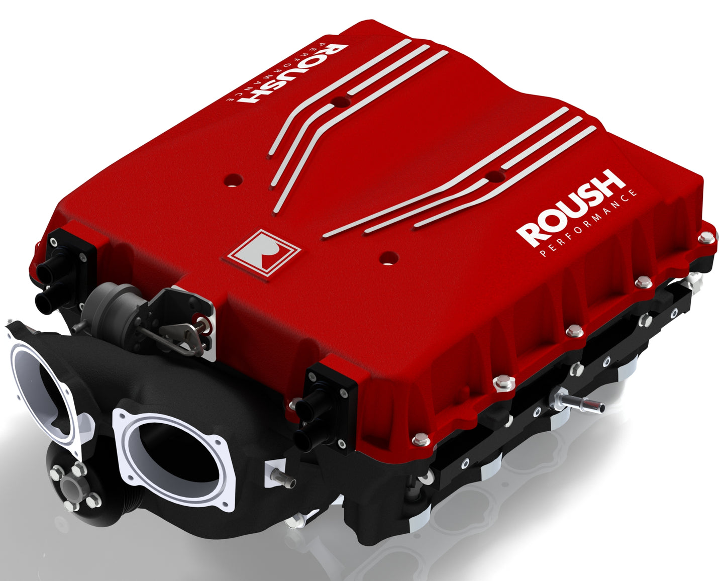 
                  
                    A red Roush Performance vehicle part with intricate detailing and labeled text, designed specifically for the 810 Horsepower Roush Mustang.
                  
                