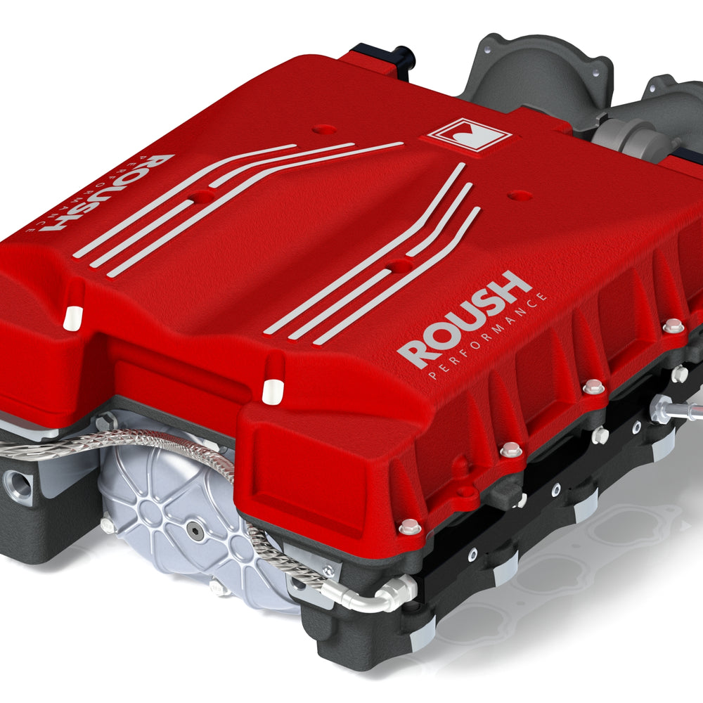 
                  
                    A red mechanical component labeled "Roush Performance," featuring various structural details and metallic connectors, enhances the Roush Mustang's performance with its impressive supercharger, capable of delivering up to 810 horsepower.
                  
                