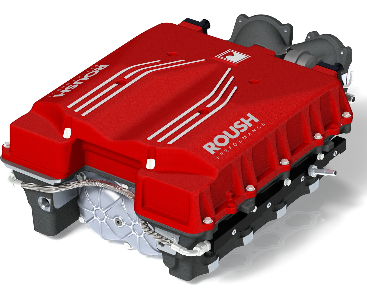 
                  
                    A red mechanical component labeled "Roush Performance," featuring various structural details and metallic connectors, enhances the Roush Mustang's performance with its impressive supercharger, capable of delivering up to 810 horsepower.
                  
                