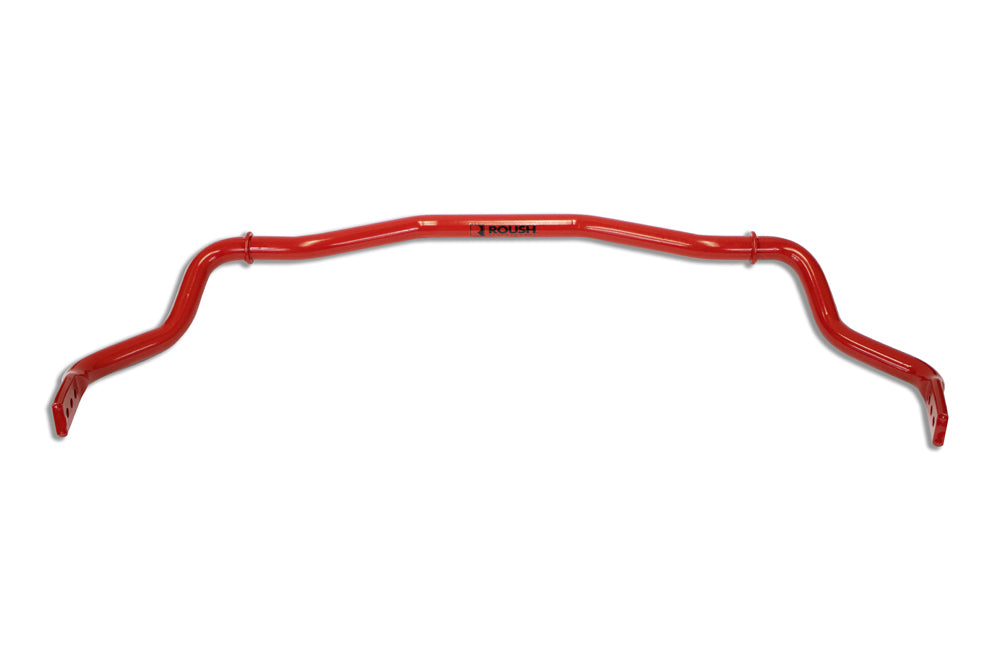 
                  
                    A sleek red metal sway bar with two precision bends, proudly labeled "ROUSH" at its center.
                  
                