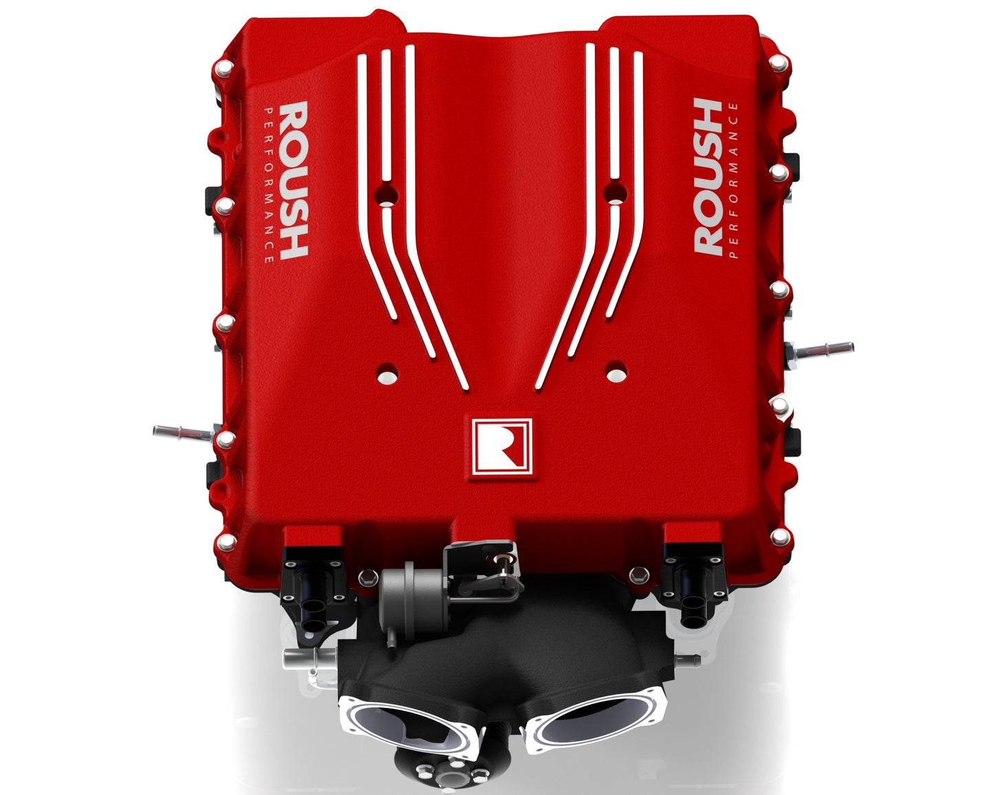 
                  
                    A red Roush Performance car engine component shown from above, featuring white branding and mechanical details visible at the bottom. This powerhouse includes an 810 HP Roush Mustang supercharger, blending exceptional performance with striking design.
                  
                