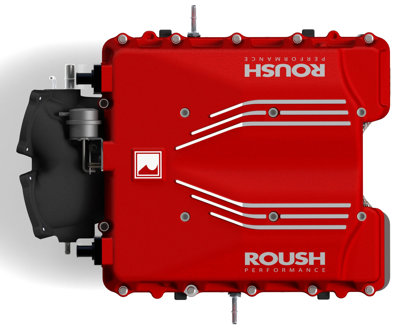 
                  
                    A red, rectangular engine component labeled "ROUSH Performance" with multiple metal bolts and fixtures, featuring a powerful supercharger that transforms any Roush Mustang into an 810 HP beast.
                  
                