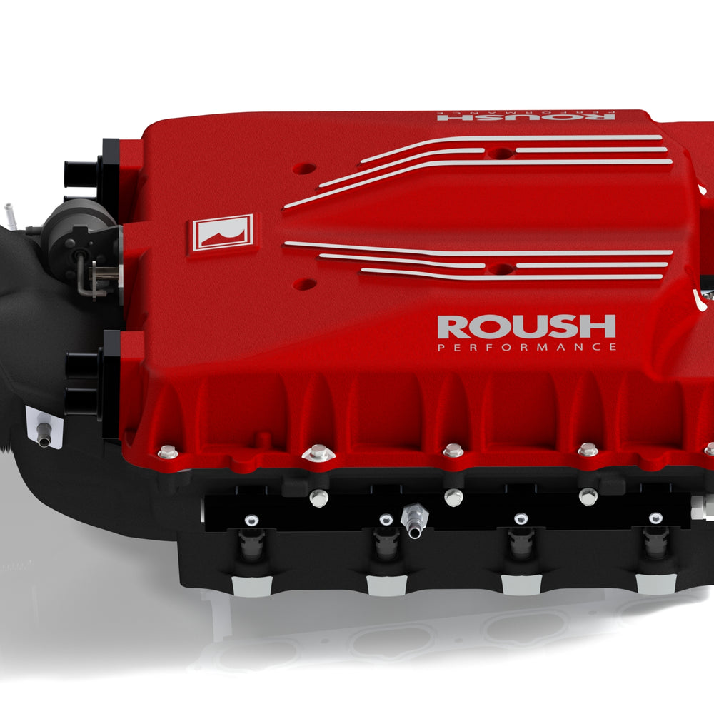 
                  
                    A red, high-performance engine component labeled "ROUSH PERFORMANCE" sits on a white background, hinting at the raw power of an 810 HP Roush Mustang supercharger.
                  
                