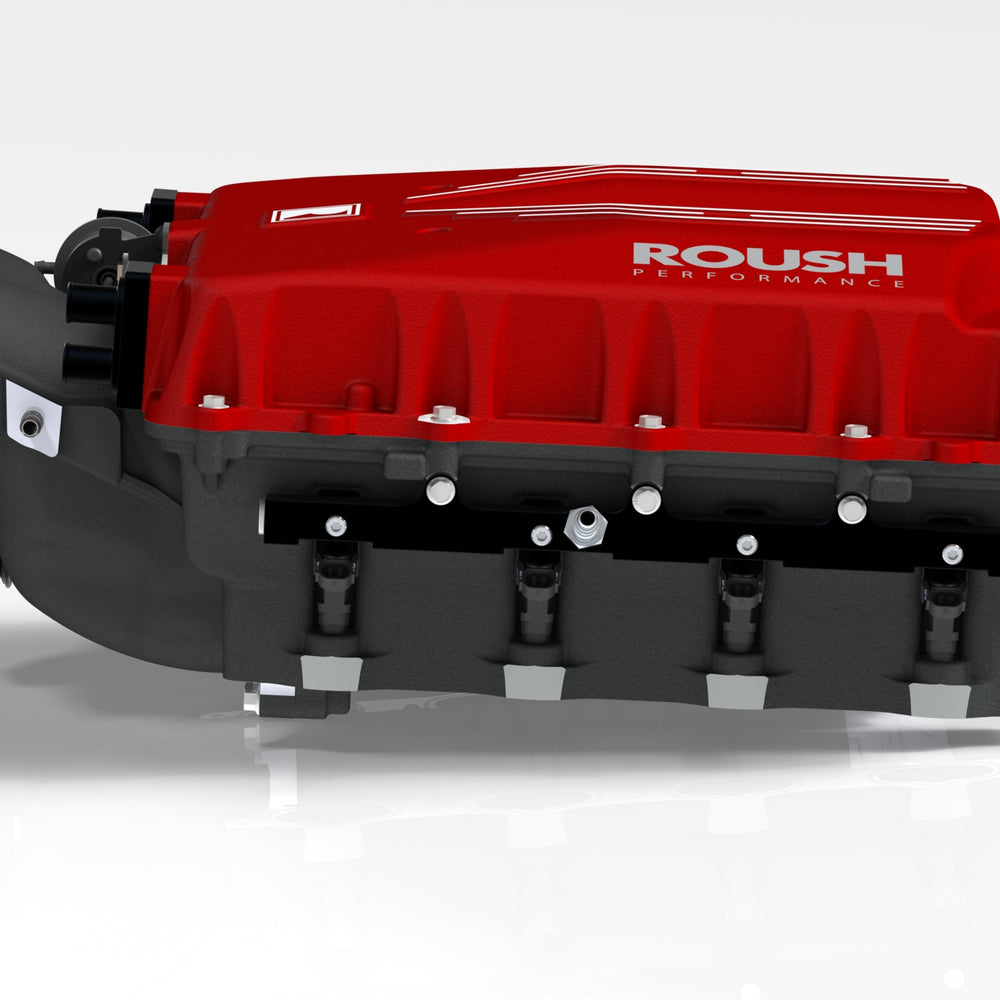 
                  
                    A Roush Performance car engine manifold with a red cover and black base, enhanced by an 810 HP supercharger, displayed on a white background.
                  
                