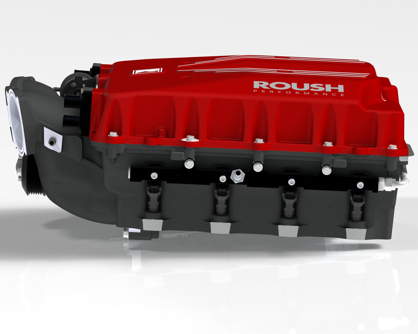 
                  
                    A Roush Performance car engine manifold with a red cover and black base, enhanced by an 810 HP supercharger, displayed on a white background.
                  
                