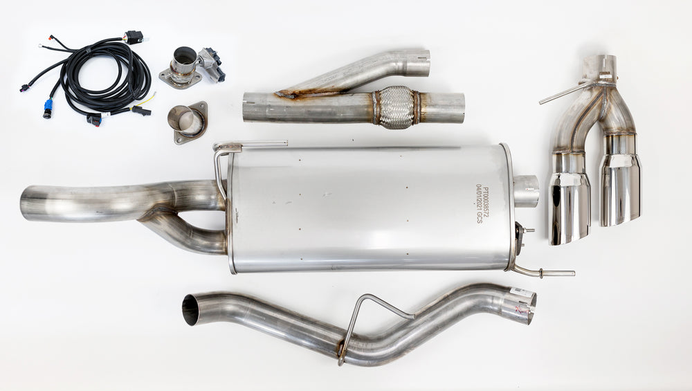 Image of a car exhaust system laid out on a white background, featuring piping, connectors, electrical wires, and a high-performance muffler with Roush Performance valve technology.