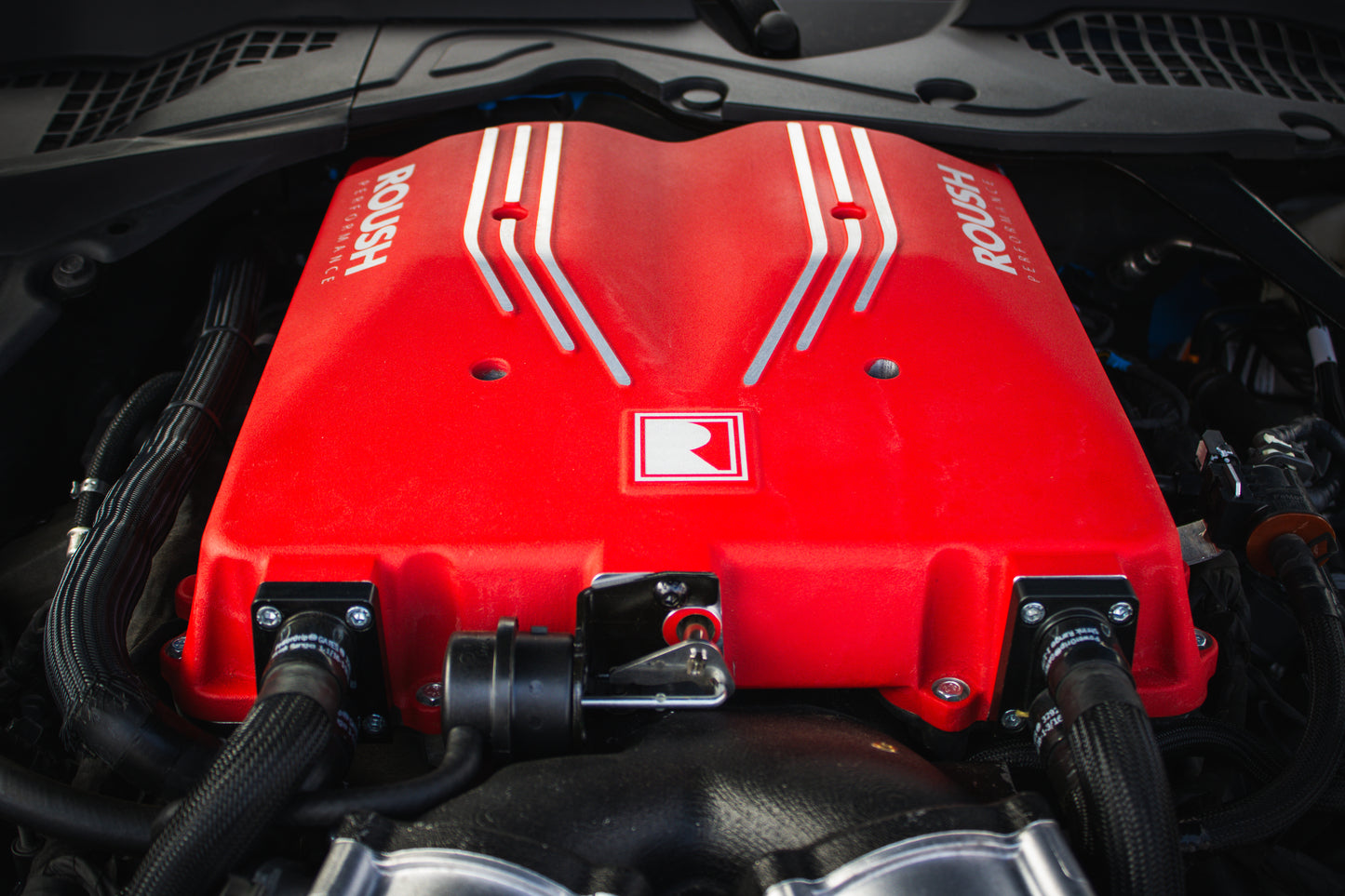 
                  
                    Close-up view of a Roush Performance engine cover in red with silver stripes and logo, highlighting the power of the 740-horsepower Roush S650 Mustang.
                  
                