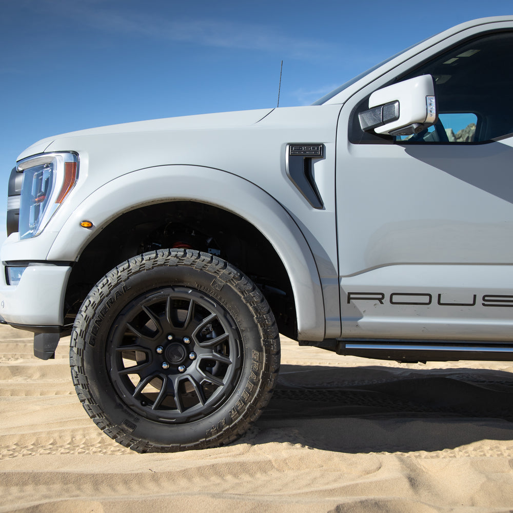 
                  
                    A light gray pickup truck with ROUSH branding and aggressive styling is parked on sandy terrain, under a clear blue sky, its 20-inch Matte Black Roush F-150 wheels completing the bold look.
                  
                