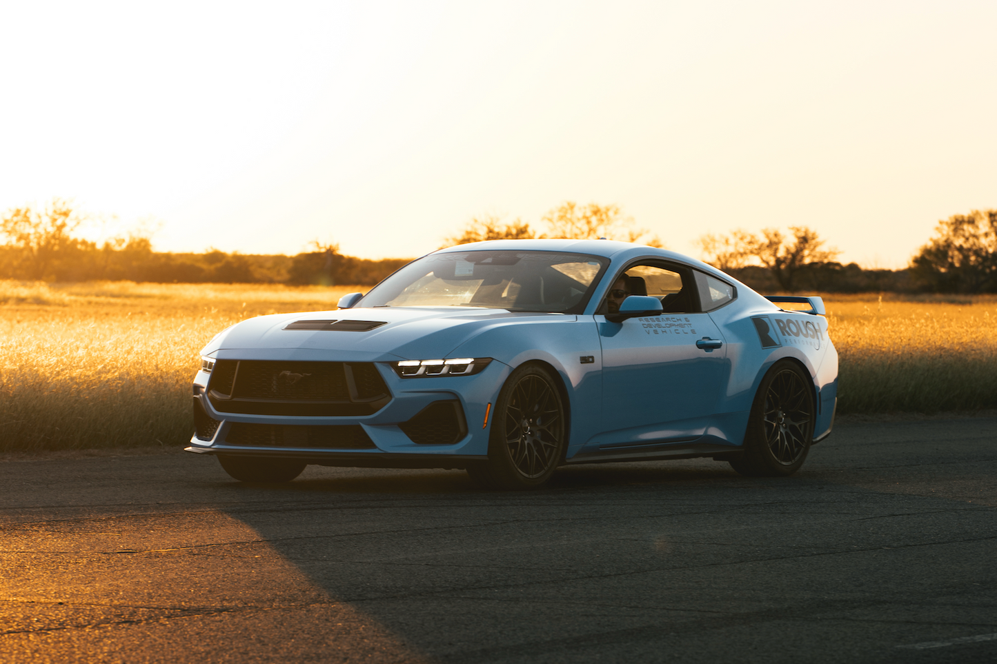 
                  
                    The Roush Mustang, featuring optimized spring rates, is a striking blue sports car parked on the road, its silhouette bold against the glow of a sunset-lit open field.
                  
                